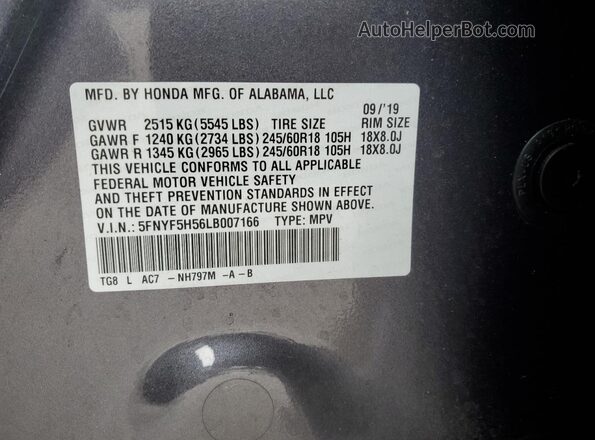 5FNYF5H56LB007166 2020 HONDA PILOT Gray Vista de la etiqueta del VIN