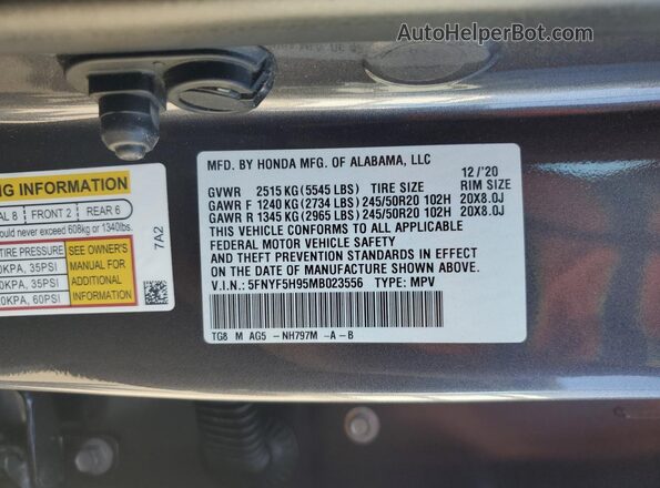 5FNYF5H95MB023556 2021 HONDA PILOT Серый 