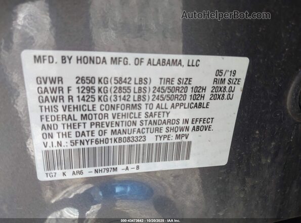 5FNYF6H01KB083323 2019 HONDA PILOT Gray Engine compartment view