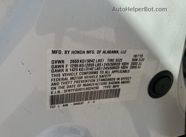 5FNYF6H01LB024290 2020 HONDA PILOT White Vista de la etiqueta del VIN