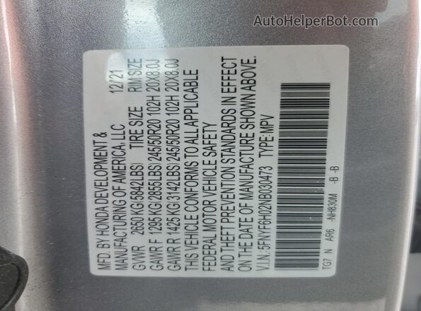 5FNYF6H02NB030473 2022 HONDA PILOT Gray Vista de la etiqueta del VIN