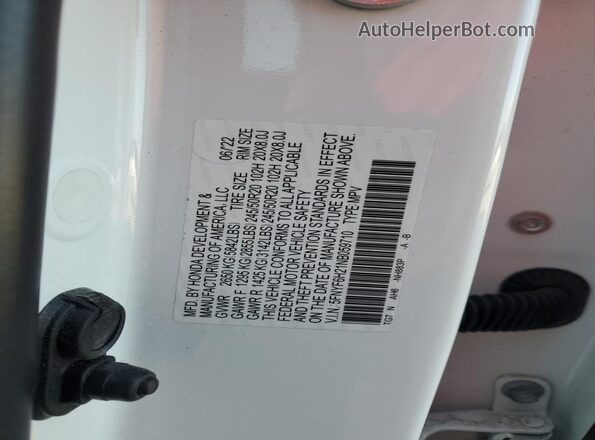 5FNYF6H21NB059710 2022 HONDA PILOT Белый Вид наклейки с VIN-кодом