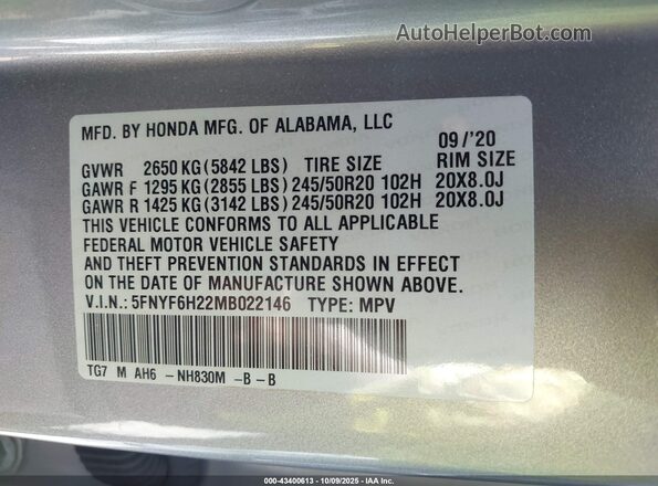 5FNYF6H22MB022146 2021 HONDA PILOT Silver Widok komory silnika