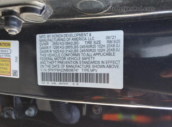 5FNYF6H22MB096747 2021 HONDA PILOT Black VIN sticker view