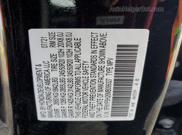 5FNYF6H26MB099327 2021 HONDA PILOT Black Vista de la etiqueta del VIN