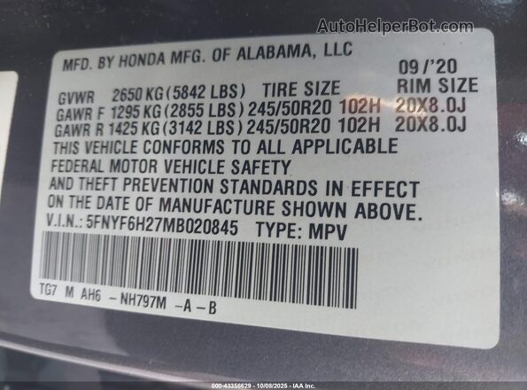 5FNYF6H27MB020845 2021 HONDA PILOT Gray ძრავის განყოფილების ხედი