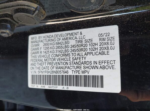 5FNYF6H28NB057646 2022 HONDA PILOT Черный Вид подкапотного пространства