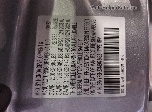 5FNYF6H2XNB073492 2022 HONDA PILOT Серебряный Вид наклейки с VIN-кодом