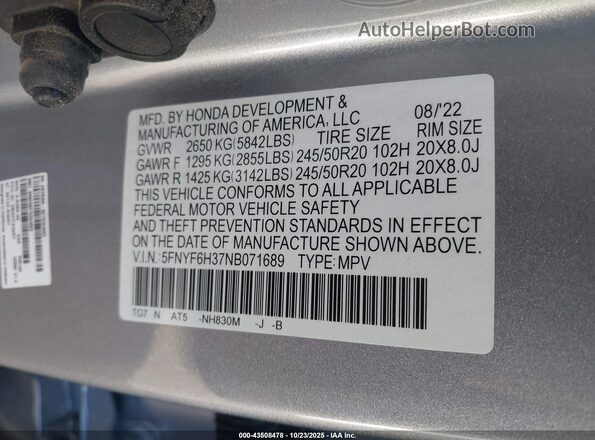 5FNYF6H37NB071689 2022 HONDA PILOT Silver Շարժիչի բաժամունքի տեսք