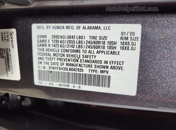 5FNYF6H39LB042935 2020 HONDA PILOT Gray 