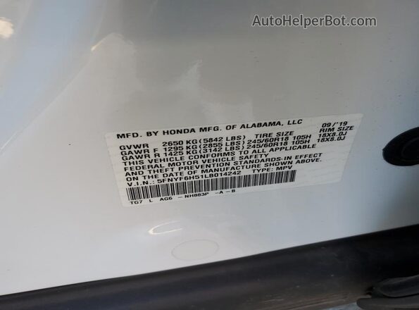 5FNYF6H51LB014242 2020 HONDA PILOT Белый Вид наклейки с VIN-кодом