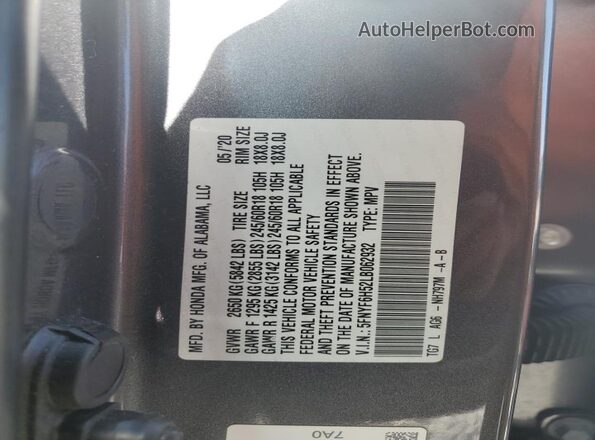 5FNYF6H52LB062932 2020 HONDA PILOT Gray VIN sticker view