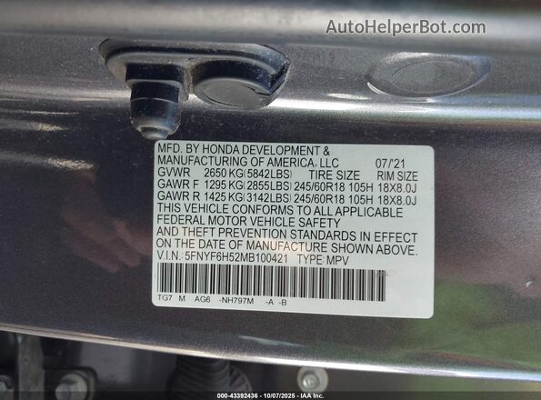 5FNYF6H52MB100421 2021 HONDA PILOT Gray Вид підкапотного простору