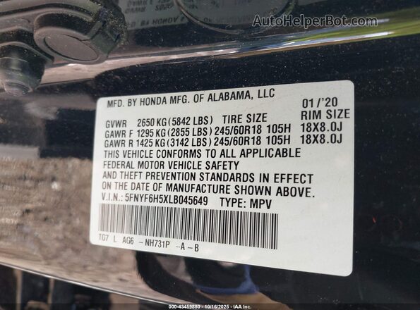 5FNYF6H5XLB045649 2020 HONDA PILOT Black Engine compartment view