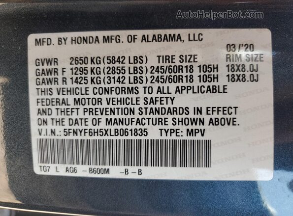 5FNYF6H5XLB061835 2020 HONDA PILOT Blue VIN sticker view