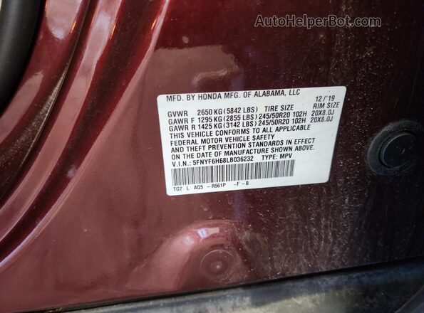 5FNYF6H68LB036232 2020 HONDA PILOT Brown Widok naklejki z numerem VIN