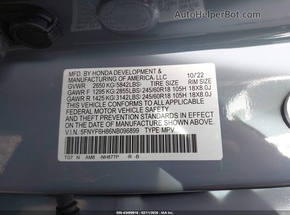 5FNYF6H86NB096899 2022 HONDA PILOT Blue Vista del compartimento del motor