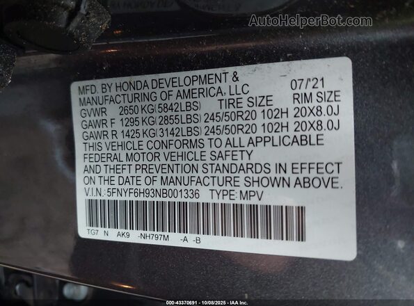 5FNYF6H93NB001336 2022 HONDA PILOT Серый Вид подкапотного пространства