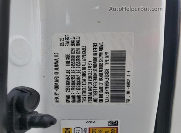 5FNYF6H94LB053636 2020 HONDA PILOT White Vista de la etiqueta del VIN