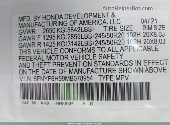 5FNYF6H99MB078954 2021 HONDA PILOT White Vista del compartimento del motor