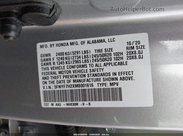 5FNYF7H2XMB001616 2021 HONDA PASSPORT Silver Vista del compartimento del motor