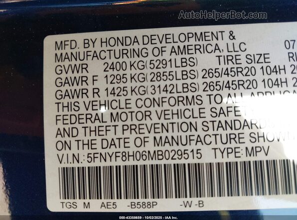5FNYF8H06MB029515 2021 HONDA PASSPORT Blue Vista del compartimento del motor