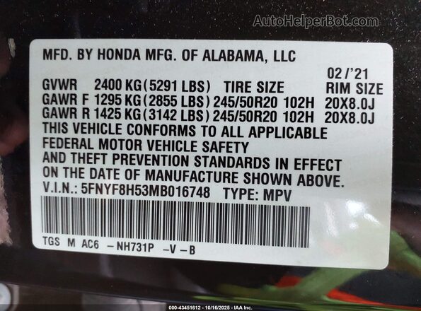 5FNYF8H53MB016748 2021 HONDA PASSPORT Black Vista del compartimento del motor