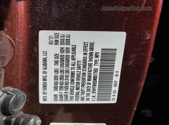 5FNYF8H55MB017593 2021 HONDA PASSPORT Maroon VIN կոդի պիտակի տեսք