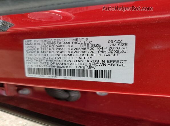 5FNYF8H59NB029196 2022 HONDA PASSPORT Red Widok naklejki z numerem VIN