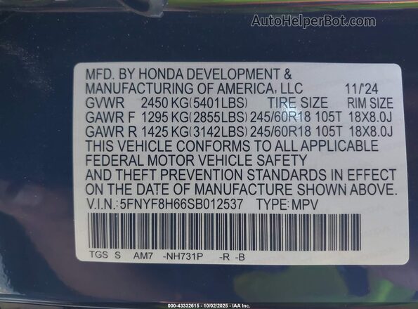 5FNYF8H66SB012537 2025 HONDA PASSPORT Black ძრავის განყოფილების ხედი