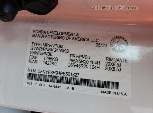 5FNYF8H94PB501827 2023 HONDA PASSPORT White Widok wnętrza 360 stopni
