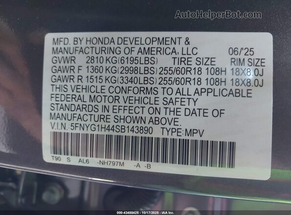5FNYG1H44SB143890 2025 HONDA PILOT Gray 