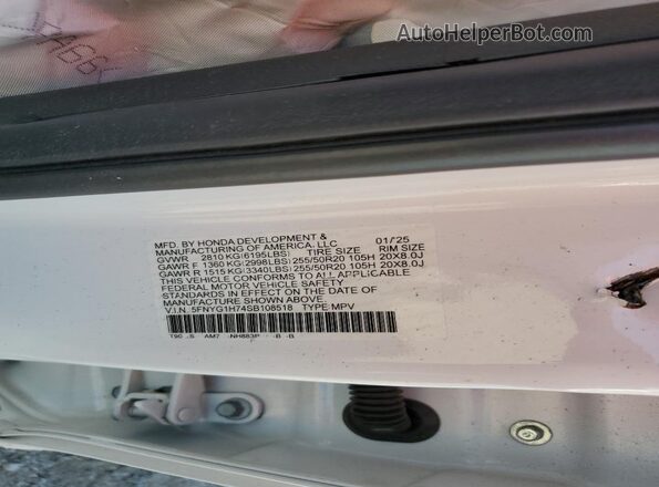 5FNYG1H74SB108518 2025 HONDA PILOT White VIN კოდის სტიკერის ხედი