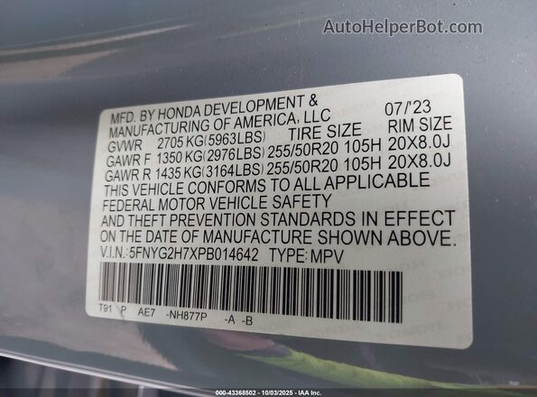 5FNYG2H7XPB014642 2023 HONDA PILOT Gray ძრავის განყოფილების ხედი