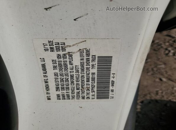 5FPYK2F12JB001198 2018 HONDA RIDGELINE White 