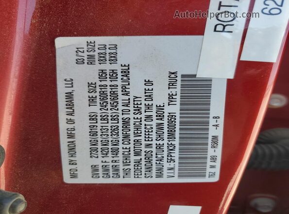 5FPYK3F18MB009591 2021 HONDA RIDGELINE Красный Вид подкапотного пространства