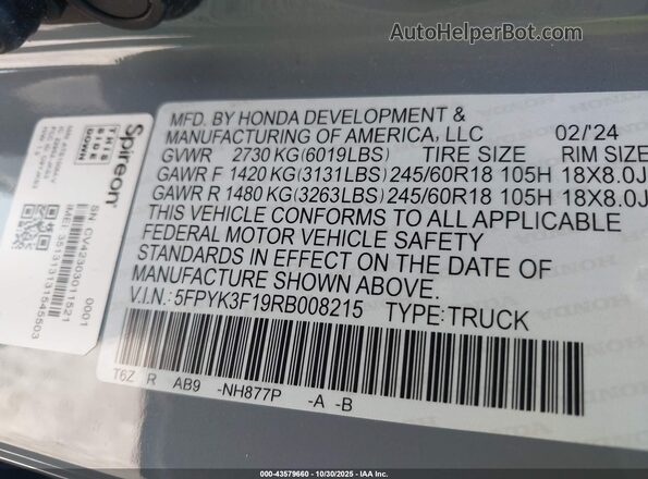 5FPYK3F19RB008215 2024 HONDA RIDGELINE Blue Engine compartment view