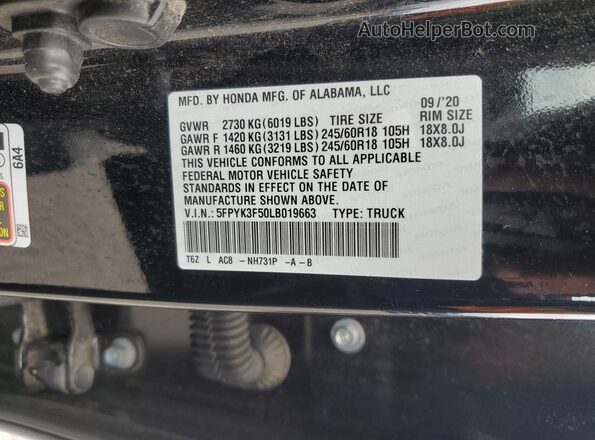5FPYK3F50LB019663 2020 HONDA RIDGELINE Black Widok naklejki z numerem VIN