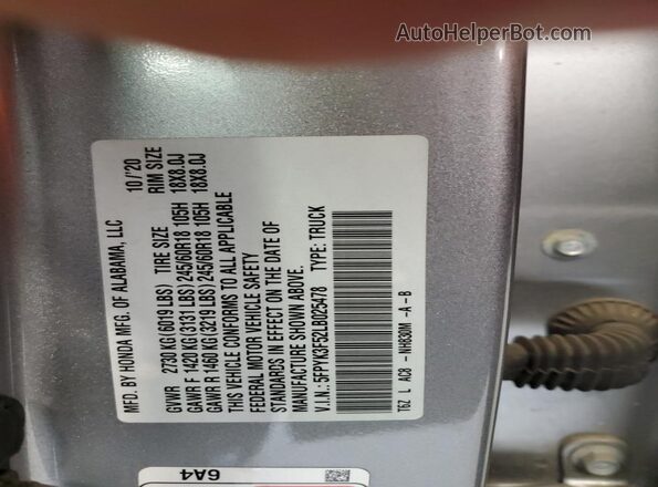5FPYK3F52LB025478 2020 HONDA RIDGELINE Silver Vista del compartimento del motor