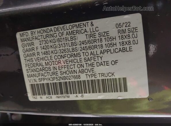 5FPYK3F52NB027668 2022 HONDA RIDGELINE Gray Вид підкапотного простору
