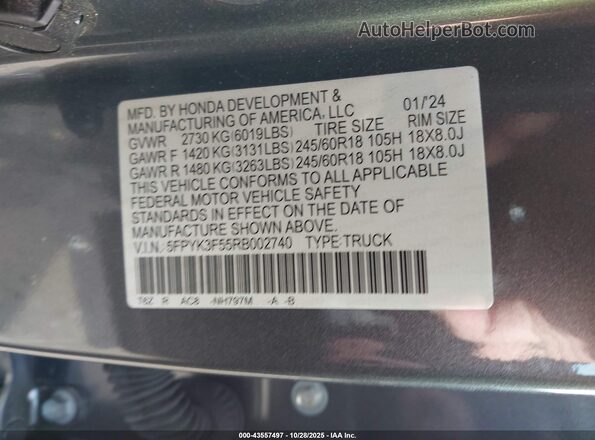 5FPYK3F55RB002740 2024 HONDA RIDGELINE Gray ძრავის განყოფილების ხედი