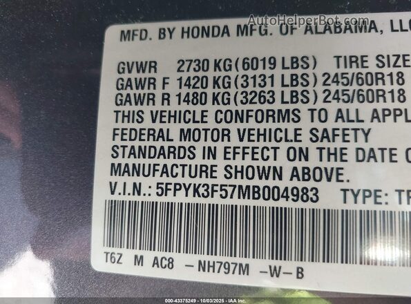 5FPYK3F57MB004983 2021 HONDA RIDGELINE Gray Engine compartment view