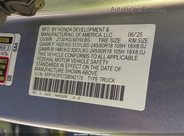 5FPYK3F57SB042176 2025 HONDA RIDGELINE Gray Вид підкапотного простору