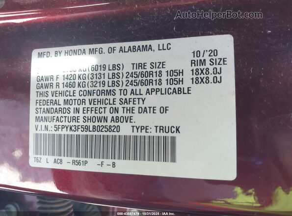 5FPYK3F59LB025820 2020 HONDA RIDGELINE Burgundy Engine compartment view