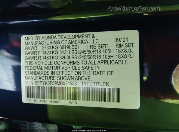 5FPYK3F59MB024538 2021 HONDA RIDGELINE Dark Blue Engine compartment view