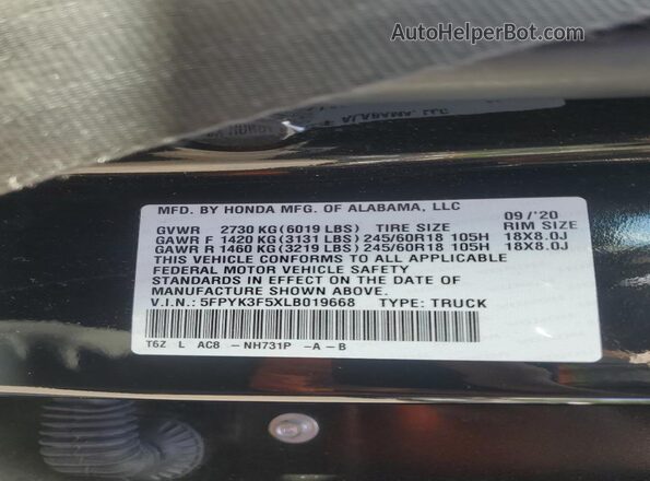 5FPYK3F5XLB019668 2020 HONDA RIDGELINE Black Engine compartment view