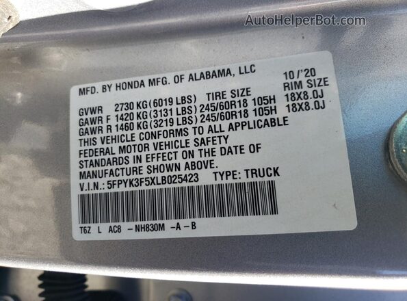 5FPYK3F5XLB025423 2020 HONDA RIDGELINE Silver Vista del compartimento del motor