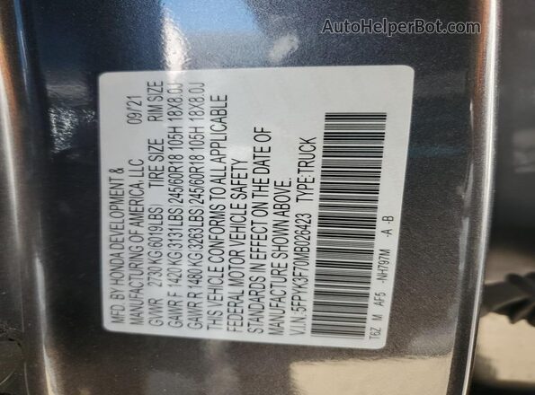 5FPYK3F70MB026423 2021 HONDA RIDGELINE Gray VIN կոդի պիտակի տեսք