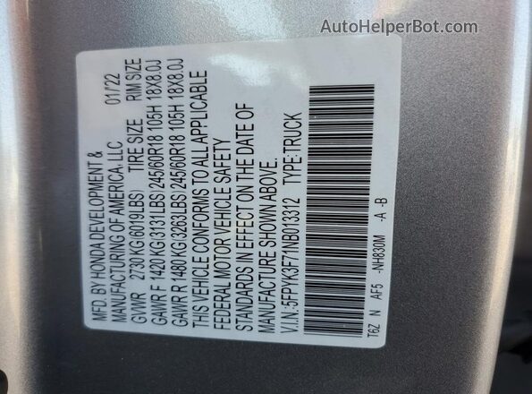 5FPYK3F71NB013312 2022 HONDA RIDGELINE Silver Widok naklejki z numerem VIN