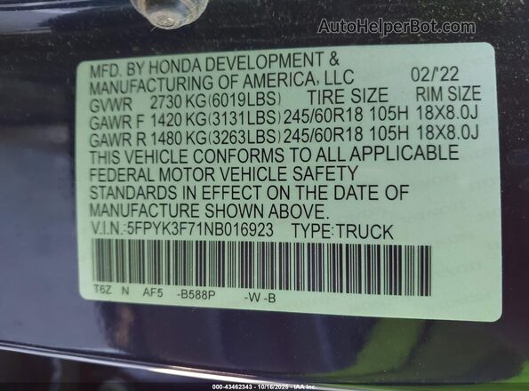 5FPYK3F71NB016923 2022 HONDA RIDGELINE Navy Вид підкапотного простору